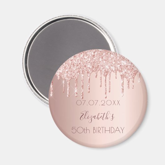Verjaardagsfeest roze gouden glinsterende druppels magneet (Voorkant / Achterkant)
