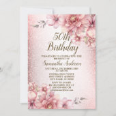 Verjaardagsfeest Roze Waterverf Bloemen Glitters Kaart (Voorkant)