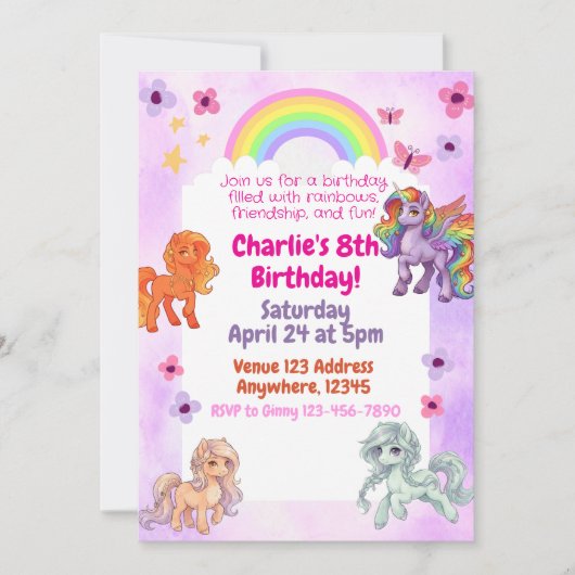 Verjaardagsfeest Uitnodiging Regenboog Pony (Voorkant)