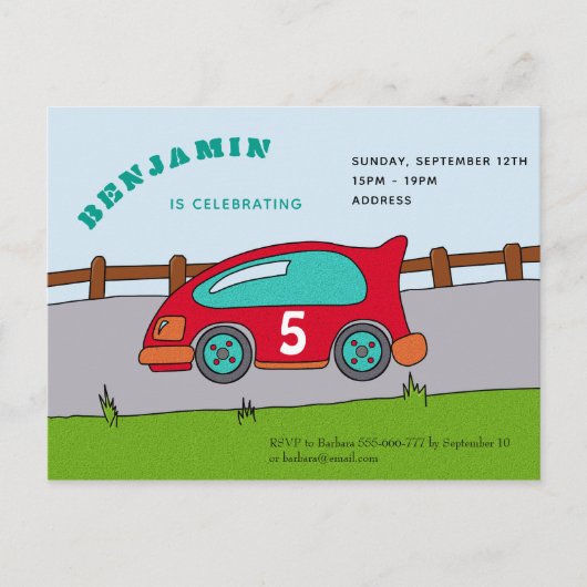 Verjaardagsfeest Uitnodiging voor Raceauto Briefkaart (Voorkant)