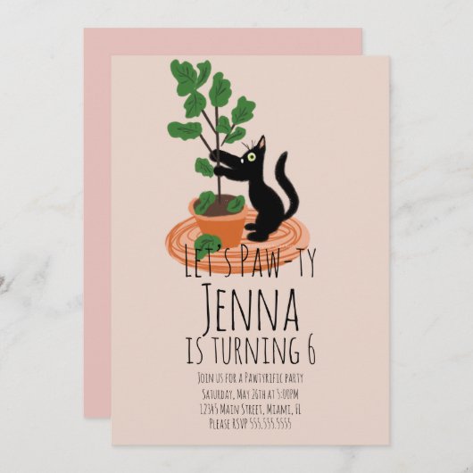 Verjaardagsfeest uitnodiging zwart roze knappe kat (Voorkant / Achterkant)