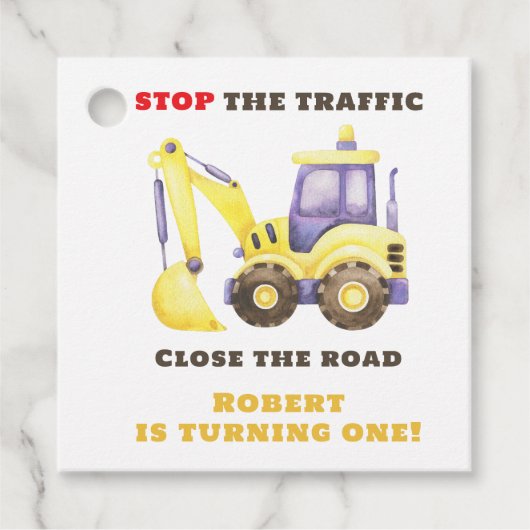 Verjaardagsfeest van de bouwtruckgraafmachine bedankjes labels (Voorkant)