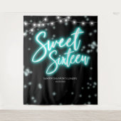 Verjaardagsfeest Verlichte Teal Neon Donkere Achte Wandkleed (Voorkant)