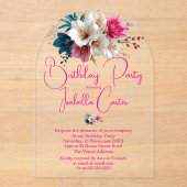Verjaardagsfeest Wit Blauw Roze Bloemen Acryl Uitnodigingen (Voorkant)