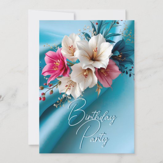 Verjaardagsfeest Zijde Roze en Blauw Witte Bloemen Kaart (Voorkant)