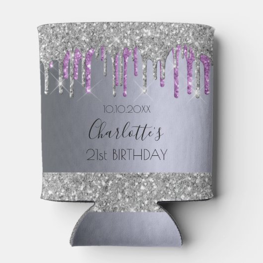 Verjaardagsfeest zilver glitters paars glans glamo blikjeskoeler (Achterkant)