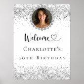 Verjaardagsfeest zilveren foto diamanten welkom poster (Voorkant)