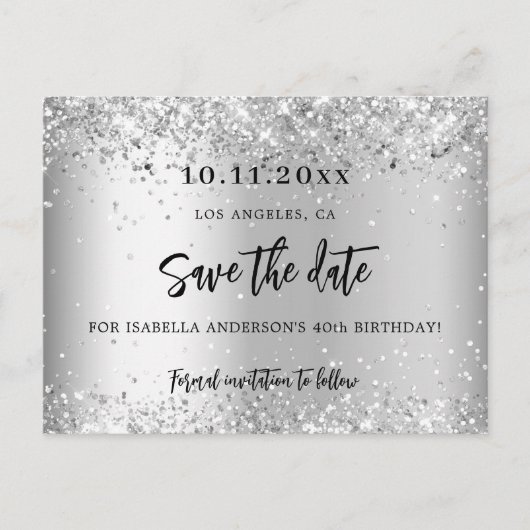 Verjaardagsfeest zilveren glitter script save the aankondigingskaart (Voorkant)