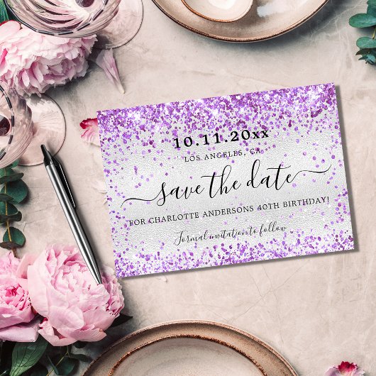 Verjaardagsfeest zilveren violette paarse glitters save the date