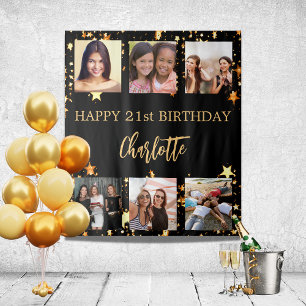 Verjaardagsfeest zwart goud sterren foto collage wandkleed