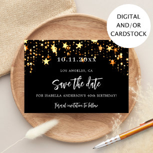 Verjaardagsfeest zwart gouden sterren save the dat date