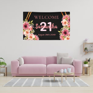 Verjaardagsfeest zwarte blush roze bloemen spandoek