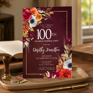 VERJAARDAGSFEESTJE 100ste Bordeaux Herfstbloemen Kaart