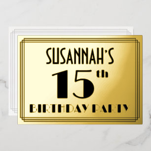 Verjaardagsfeestje 15 jaar — Art Deco-look “15” + Folie Uitnodiging