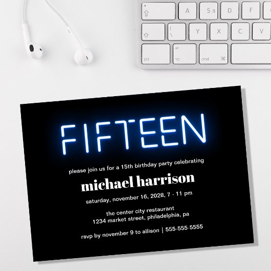 Verjaardagsfeestje 15 jaar blauwe neonlichten kaart