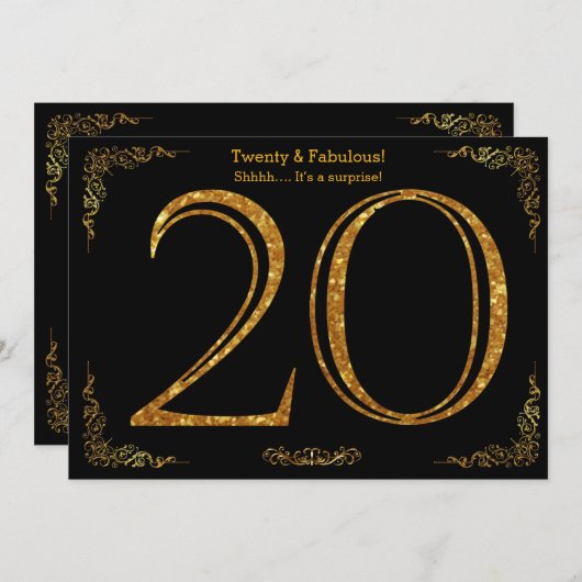 Verjaardagsfeestje 20 jaar, Gatsby-stijl, zwart go Kaart (Voorkant / Achterkant)