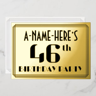 Verjaardagsfeestje 46: Art Deco-look “46” en naam Folie Uitnodiging