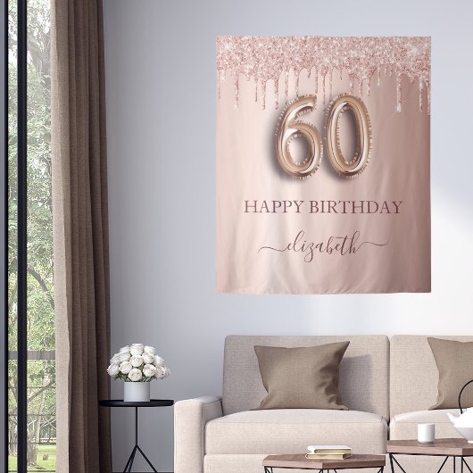 Verjaardagsfeestje 60e verjaardag blozend roze roo wandkleed