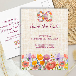 Verjaardagsfeestje 90 jaar - Wildflower save the d Aankondigingskaart