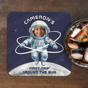 Verjaardagsfeestje astronaut 1e reis rond de zon vierkante kartonnen onderzetter