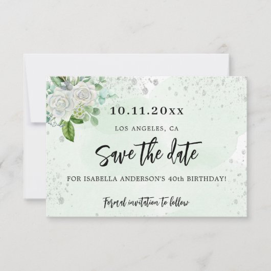 Verjaardagsfeestje bloem wit groen elegant save the date (Voorkant)