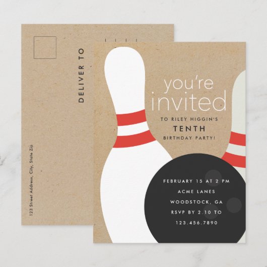 Verjaardagsfeestje bowlen uitnodiging briefkaart (Voorkant / Achterkant)