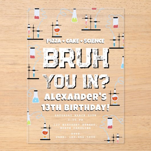 Verjaardagsfeestje Bruh Boy Tiener Wetenschap Them Acryl Uitnodigingen (Voorkant)