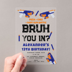 Verjaardagsfeestje Bruh Boy's Tiener Dart Pistool Acryl Uitnodigingen
