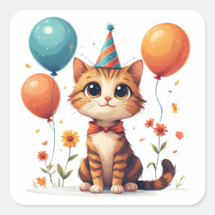Verjaardagsfeestje Kitten Met Ballonnen En Hoed Vierkante Sticker