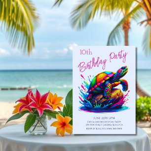 Verjaardagsfeestje- Kleurrijke Schildpad Splash Kaart