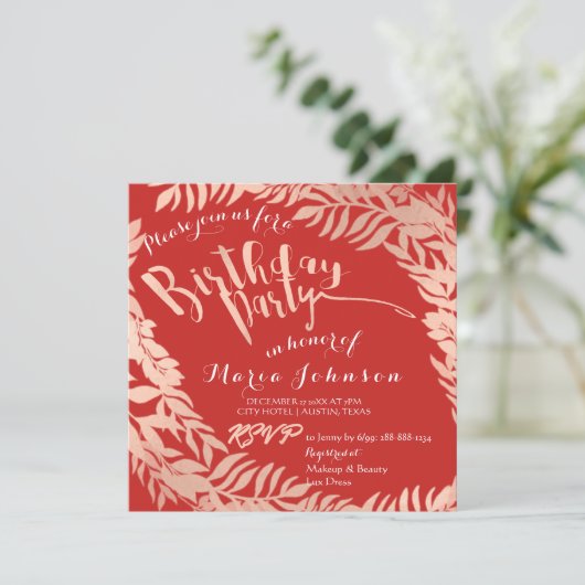 Verjaardagsfeestje Leafs Krans Rood Roze Rose Gou Kaart (Staand voorkant)