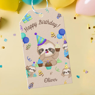 Verjaardagsfeestje met luiaard, blauwe ballonnen & cadeaulabel