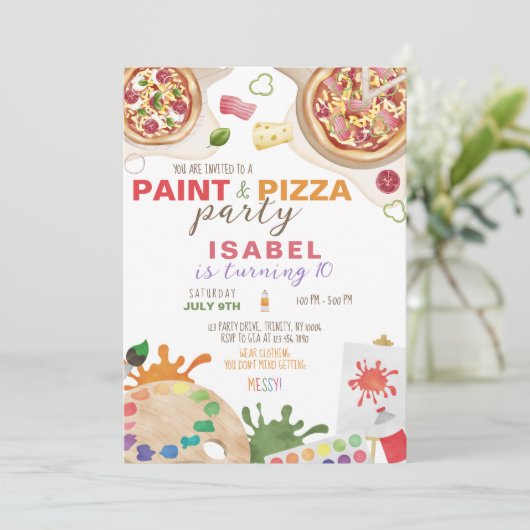 Verjaardagsfeestje met verf en pizza kaart (Staand voorkant)