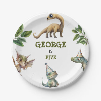 Verjaardagsfeestje met waterverf kinderdinosaurus  papieren bordje