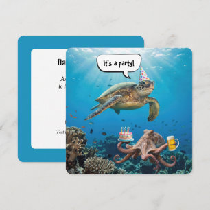 Verjaardagsfeestje met zeeschildpad en octopus kaart