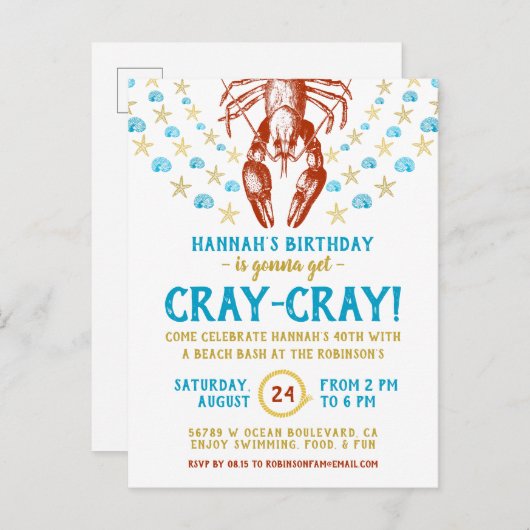 verjaardagsfeestje | Nautisch strand rivierkreeft  Uitnodiging Briefkaart (Voorkant / Achterkant)