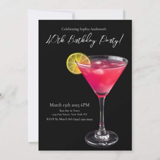 Verjaardagsfeestje-roze cocktail kaart (Voorkant)