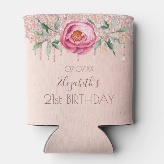 Verjaardagsfeestje roze gouden blozende roze bloem blikjeskoeler (Achterkant)