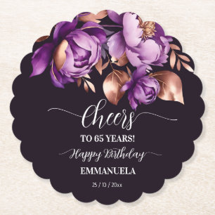 Verjaardagsfeestje servies paarse pioenrozen sjabl kartonnen onderzetters