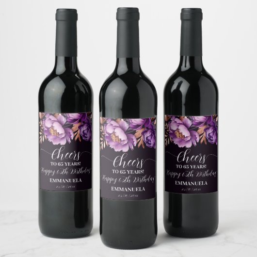 Verjaardagsfeestje servies paarse pioenrozen sjabl wijn etiket (Flessen)