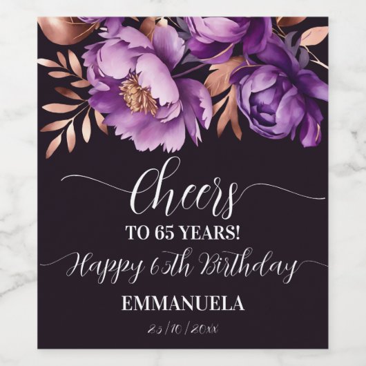 Verjaardagsfeestje servies paarse pioenrozen sjabl wijn etiket (Enkel label)