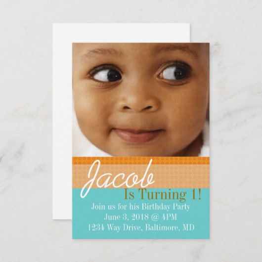 Verjaardagsfeestje uitnodigen | B-Day Blauw Sinaas Kaart (Voorkant / Achterkant)