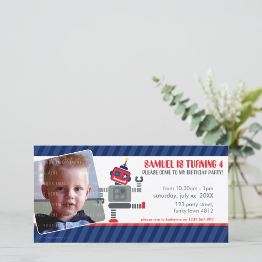 VERJAARDAGSFEESTJE UITNODIGING MET FOTO :: robot d (Staand voorkant)