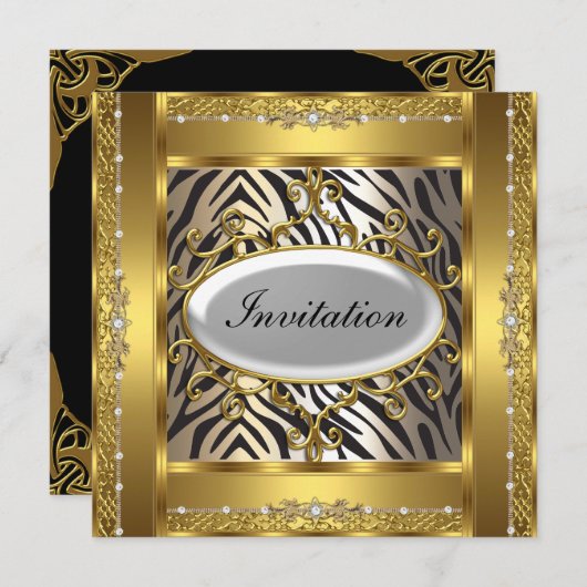 Verjaardagsfeestje uitnodiging zebra en goud (Voorkant / Achterkant)