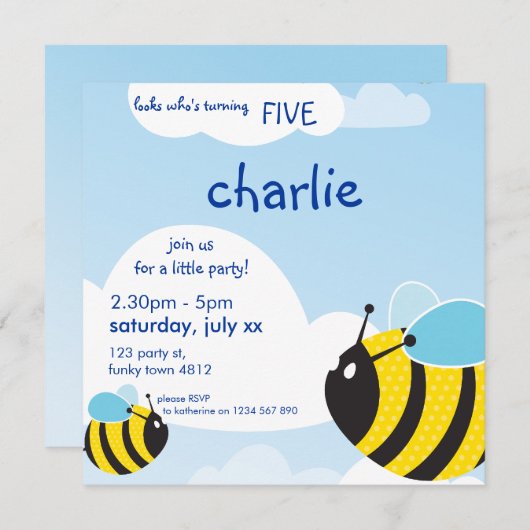 VERJAARDAGSFEESTJE UITNODIGT :: bijen in de lucht Kaart (Voorkant / Achterkant)
