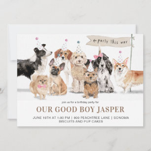 Verjaardagsfeestje van waterverf hond kaart