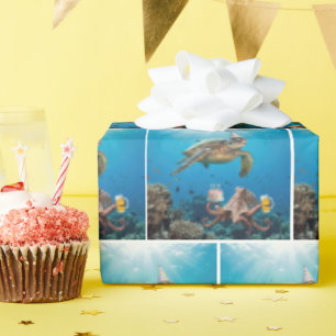 Verjaardagsfeestje van zeeschildpad met octopus cadeaupapier