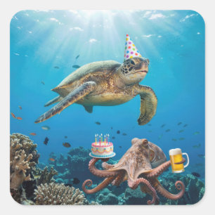 Verjaardagsfeestje van zeeschildpad met octopus vierkante sticker