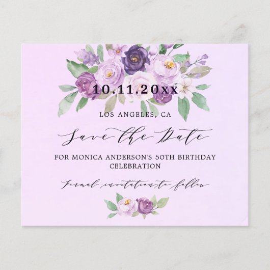 Verjaardagsfeestje violette bloemen budget bewaar  flyer (Voorkant)