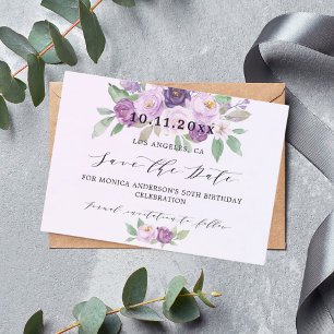 Verjaardagsfeestje violette bloemen save the date